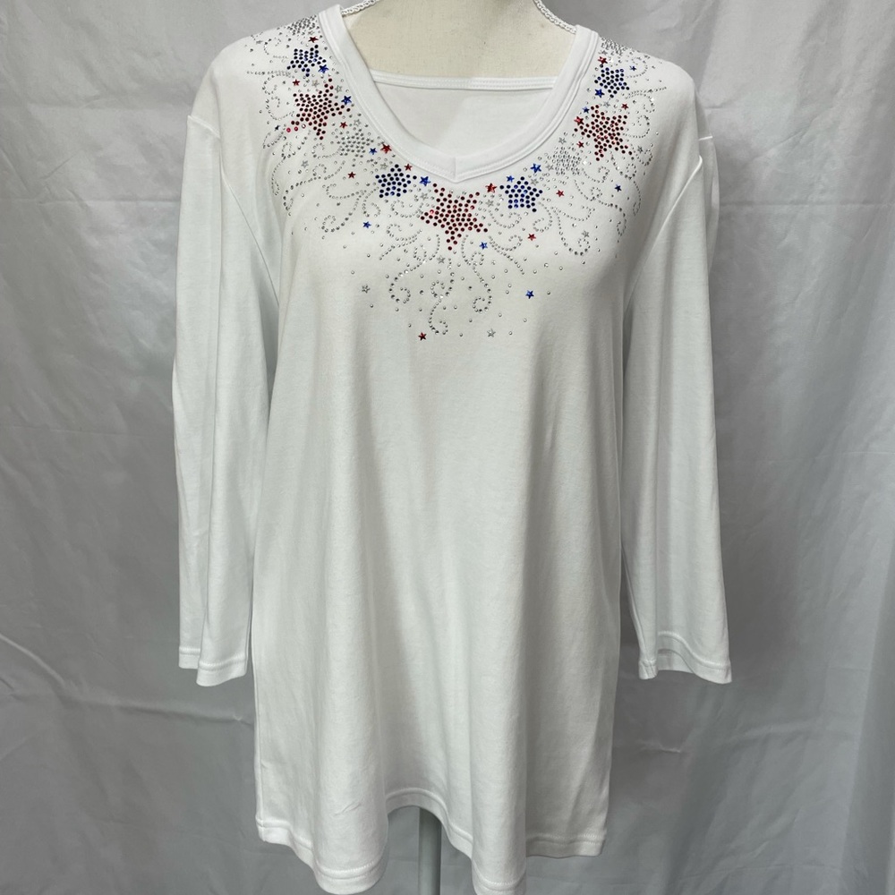 3/$35 White shirt with red, blue, and silver sparkly stars. XL